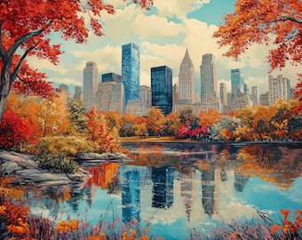 Central Park Autumn Canvas Print: New York City NYC Landscape Oil Painting Design