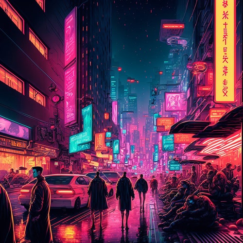 Cyberpunk Night City Oil Painting: Neon Lights, Crowded Street Art
