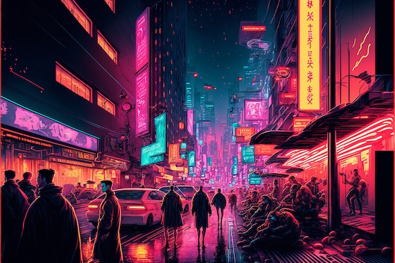 Cyberpunk Night City Oil Painting: Neon Lights, Crowded Street Art