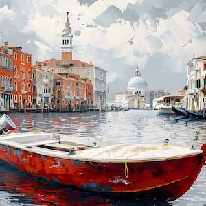 Venice City &quot;Boat in Canal&quot; View Gift Oil Painting Design Landscape Canvas Print Poster Home Decor Wall Art, Gift for Home decor