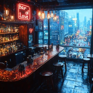 Decoración de pared con diseño de pintura al óleo y luces de neón en lienzo con el tema "Bar of Love" de Cyberpunk Night City