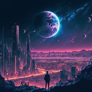 Cyberpunk Night City Landschaftsansicht "The Man " Leinwand Neon Lichter Ölfarbe Kunst Design Fan Art Wanddekor