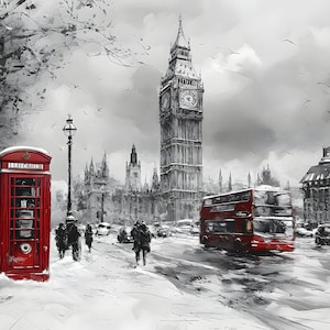 London City &quot;Snow in London&quot; View Gift PencilSketch Oil Painting Design Landscape Canvas Print Poster Home Decor Art,Gift for Home decor