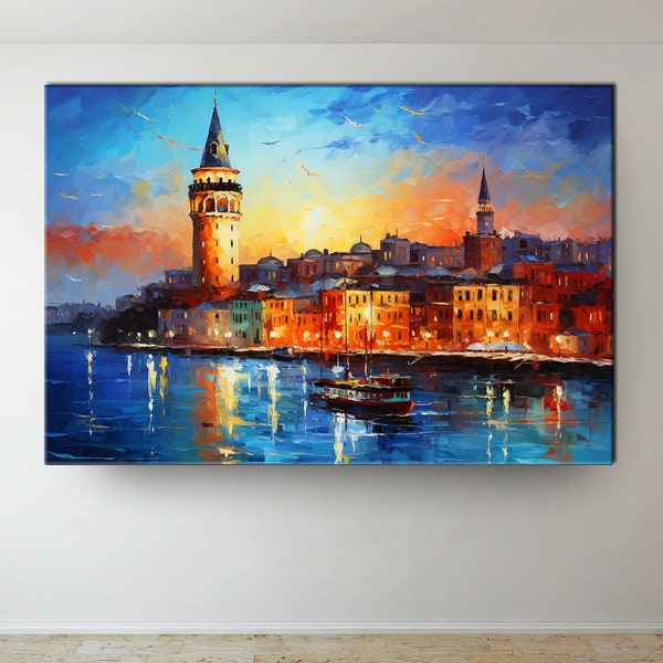 Istanbul Landschaft Galata Turm Ansicht Ölgemälde Design Stadt Landschaft Leinwand Druck Poster Wohnkultur Wandkunst, Geschenk für Wohnkultur