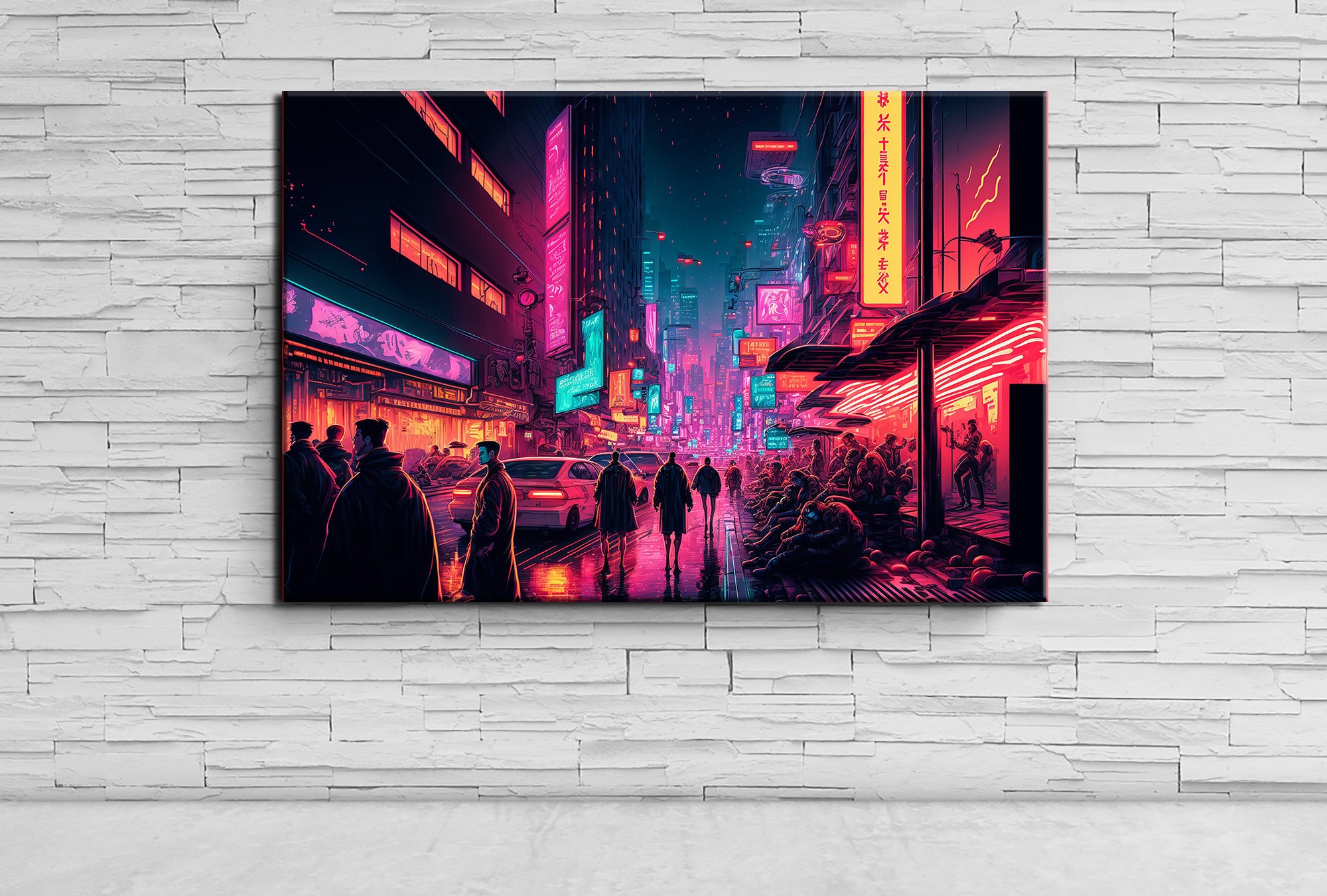 Cyberpunk Night City Oil Painting: Neon Lights, Crowded Street Art