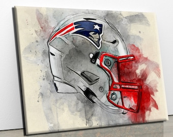 May include: A watercolour painting of a football helmet with a red and white design. The helmet has a blue and white logo on the side. The background is a light brown colour.