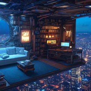 Cyberpunk Night City Landschaft ""The Room in the Sky"" Canvas Neon Lights Oil Paint Design Fan Art Wall Decor."