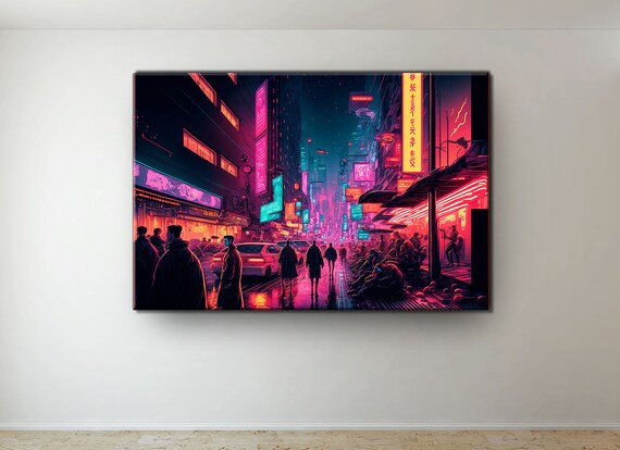 Cyberpunk Night City Oil Painting: Neon Lights, Crowded Street Art