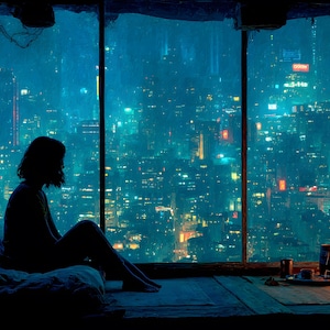 Cyberpunk Night City Landschaft ""Allein"" Leinwand Neon Lichter Ölfarbe Design Fan Kunst Wanddekor."
