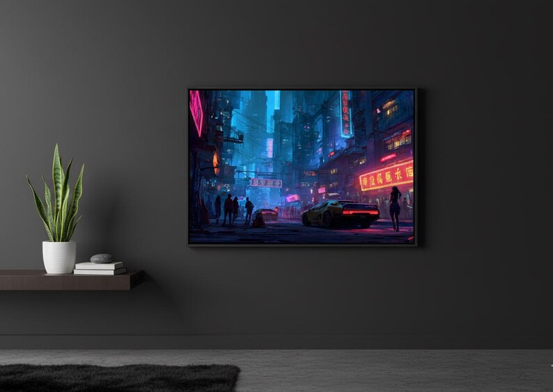 May include: A framed digital art print depicting a futuristic cityscape at night. The scene features neon lights, a yellow sports car, and silhouetted figures. The artwork is mounted on a dark gray wall.