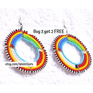 054 Buy 6 get 6 FREE African Earrings Bulk, Masai Earrings Bulk, Boho Wholesale Earrings, Hoop Earrings, Hoop Earrings With Beads, Earrings