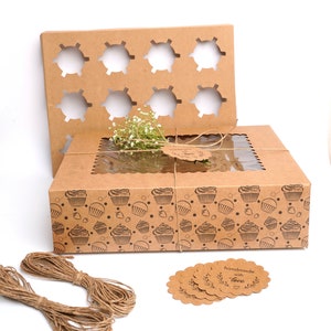 Mudrit (Pack of 10) Kraft Cupcake Boxes with Insert : Brown Disposable Cupcake Carrier Hold 12 cupcakes, Food Grade Pastry Boxes with Window