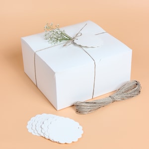 White Gift Boxes (8x8x4): Party Favors, Hemp Rope & Tags