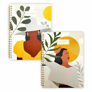 May include: Two spiral-bound notebooks with illustrations of women. One notebook features a woman in a white hat and yellow top, the other a woman in a white top. Both have gold spiral binding and the word "NOTEBOOK" on the cover.