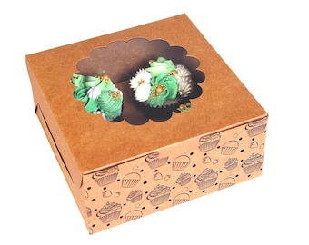 Mudrit Scatole per cupcake Kraft da 4 pezzi (confezione da 20) con inserto: contenitore monouso marrone per 4, scatole per pasticceria per uso alimentare con finestra