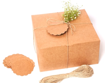 Kraft Gift Boxes with Lids, Tags & Twine (8x8x4 Inches)