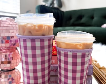 Lavender Gingham Iced Coffee Sleeve: Trendy Cup Accessory