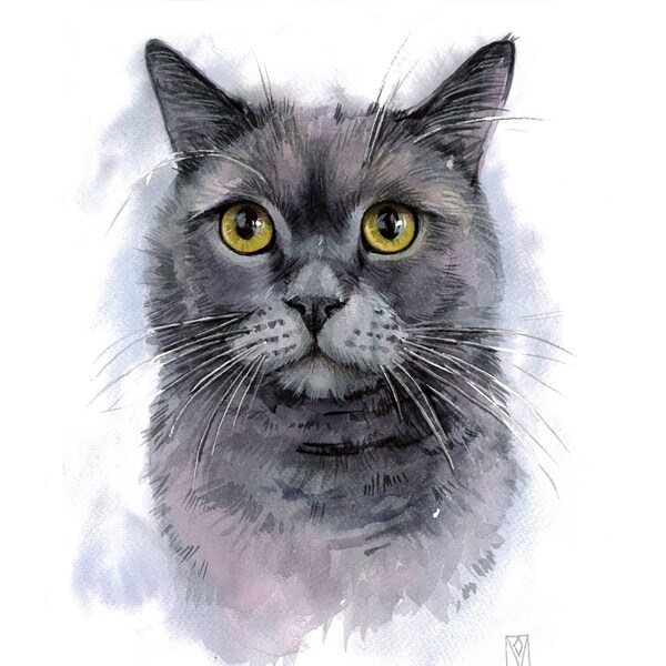 Custom cat portrait watercolor, Hand-painted custom watercolor pet painting, Custom cat memorial art, Cat portrait from photo,Wall decor art