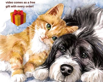 REAL HAND PAINTED pet portrait, custom watercolor from photo,Cat painting custom, dog portrait, Pet watercolor painting, Hand painted  dog