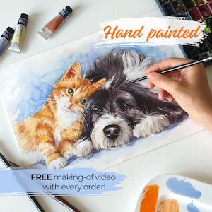 100% hand painted pet portrait, custom watercolor from photo,Cat painting custom, dog portrait, Pet watercolor painting, Hand painted dog