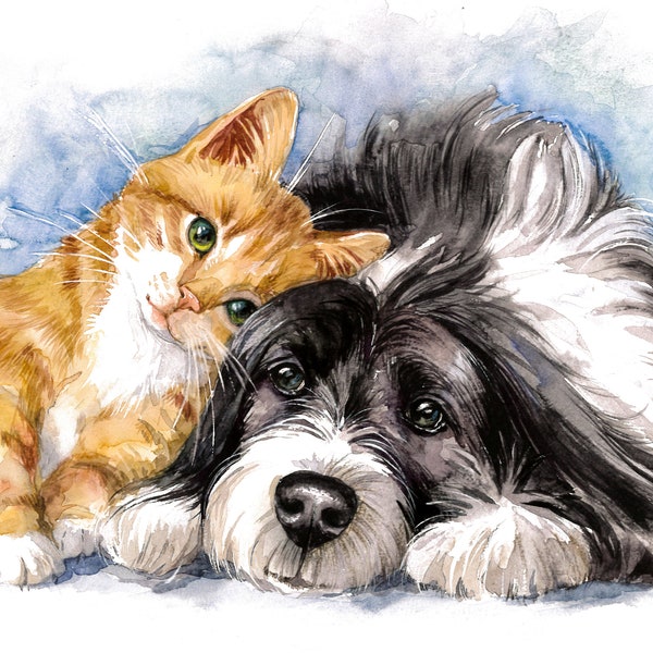 100% Hand painted pet portrait custom watercolor from photo,Cat painting custom, dog portrait, Pet watercolor painting, Hand painted  dog