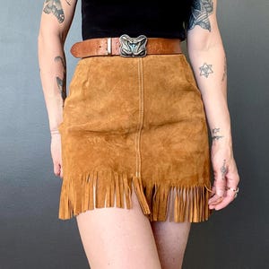 1970s suede fringed mini skirt  // Size XS