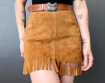 1970s suede fringed mini skirt  // Size XS
