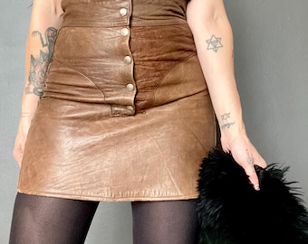 1970s brown patchwork leather mini skirt  // Size XS