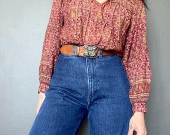 1970s floral block print Indian cotton gauze blouse // Size S