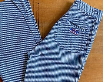 1970s OUI high rise flared blue & white striped denim jeans // Size XXS