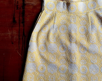 1970s Canary yellow & gold lurex midi skirt // Size XS