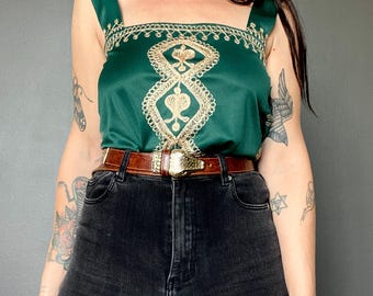 1970s Green Moroccan top with gold embroidery // Size M-L