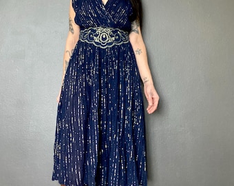 1970s Midnight blue & gold metallic gauze Grecian dress // Size M-L