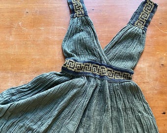 1970s Olive green gold lurex gauze dress // Size S-M