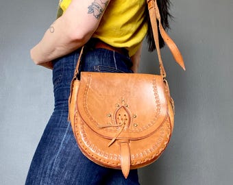 1970s tooled leather satchel bag.