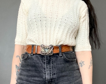 1970s white knit top // Size S-M