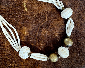 1970s brass & bone bead necklace