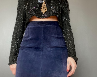 1980s Blue suede mini skirt  // Size S