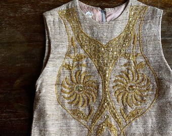 1960s gold & bead embroidered dress // Size XS-S