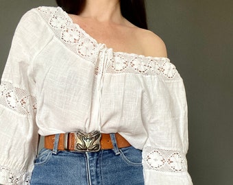 1970s white peasant blouse - Size M/L