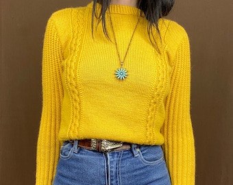1960s yellow hand knit wool sweater // Size XS