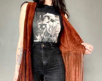 1970s Western rusty brown suede fringe vest - Size M/L