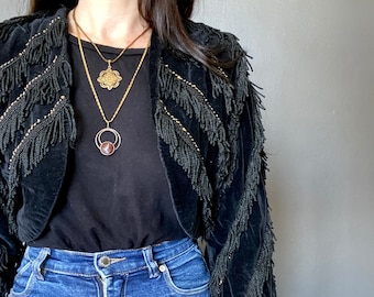 SOLD!! Don't buy! 1980s Black velvet cropped tassel jacket // Size XS-S