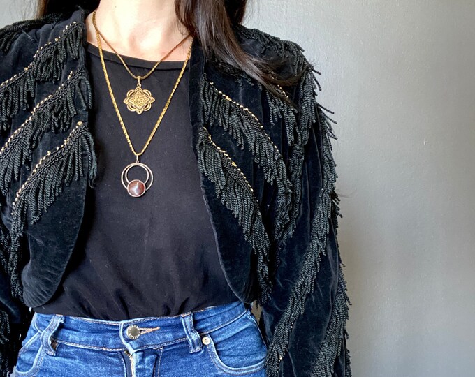 Featured listing image: ON HOLD!! Don't buy! 1980s Black velvet cropped tassel jacket // Size XS-S