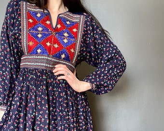 1970s blue embroidered Afghan dress // Size XS-S