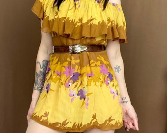 1970s floral semi sheer mini dress tunic top // Size S-M