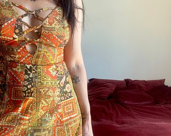 1970s patchwork print laced front maxi dress - Size XS