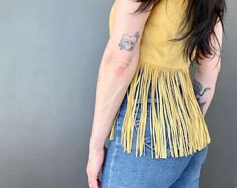 1970s fringed butterscotch suede wrap top // Size S-M