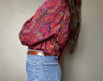 1980s paisley silk blouse // Size S-M