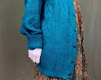 1960s Teal knit cardigan // Size L-XL